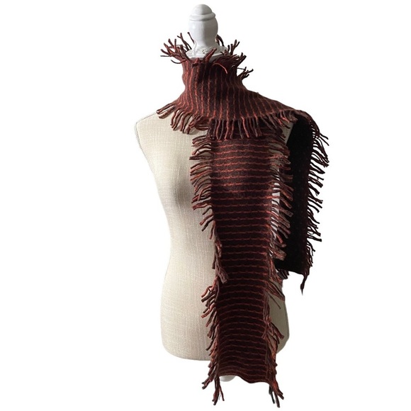 Brown & Orange 100% Irish Wool Reversible Dot Print /Stripe Print Frilly Scarf - Picture 9 of 9